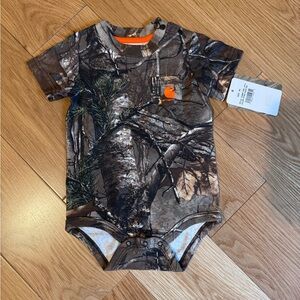 Carhartt Brown Camo Short-Sleeve Baby Bodysuit with Orange Accent
